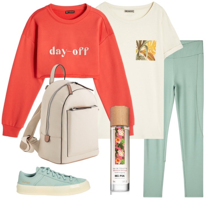 Outfit donna - Day off. Stile Casual per Sport. Abbinamento con sneakers, profumi, leggings, felpe, t-shirt, zaini.