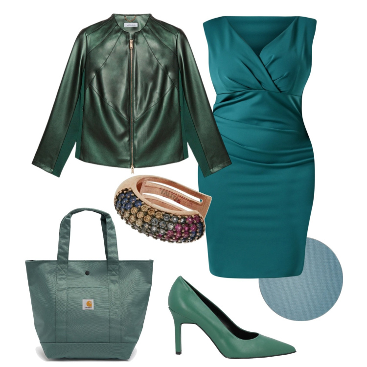 Outfit donna - Serara in verde. Stile Chic per Serata fuori. Abbinamento con décolleté, ombretti, vestiti a tubino, blazer, orecchini, borse tote.