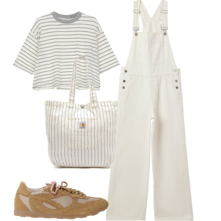 Outfit donna - La salopette in denim bianco. Stile Casual per Tutti i giorni. Abbinamento con salopette, t-shirt, sneakers, borse tote.