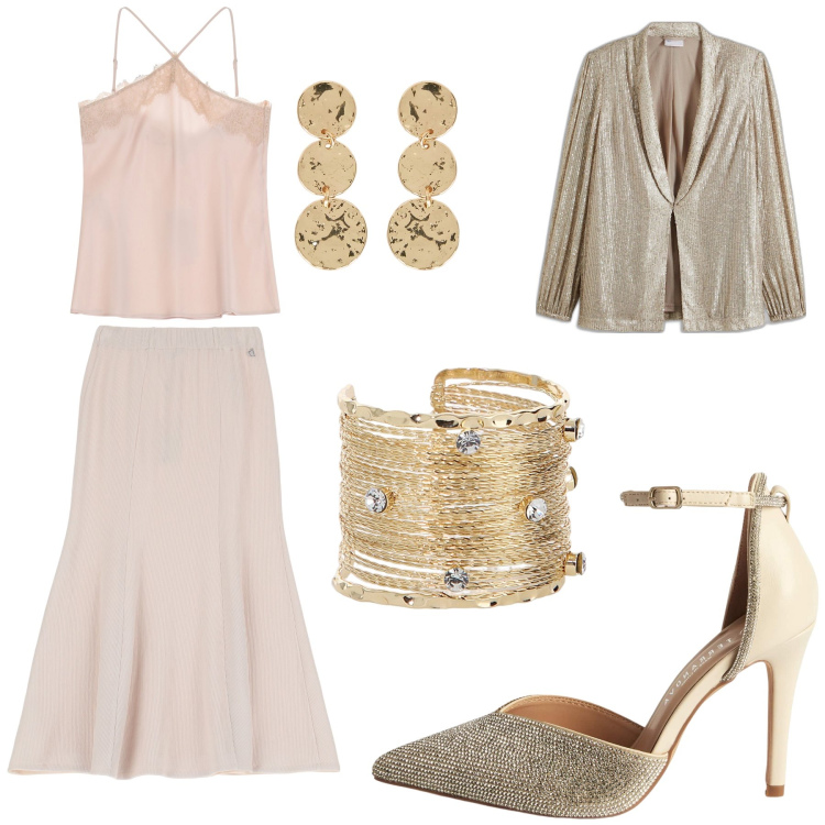 Outfit donna - Una serata a ballare. Stile Bon Ton per Serata fuori. Abbinamento con blazer, décolleté, top, braccialetti, gonne lunghe, orecchini.