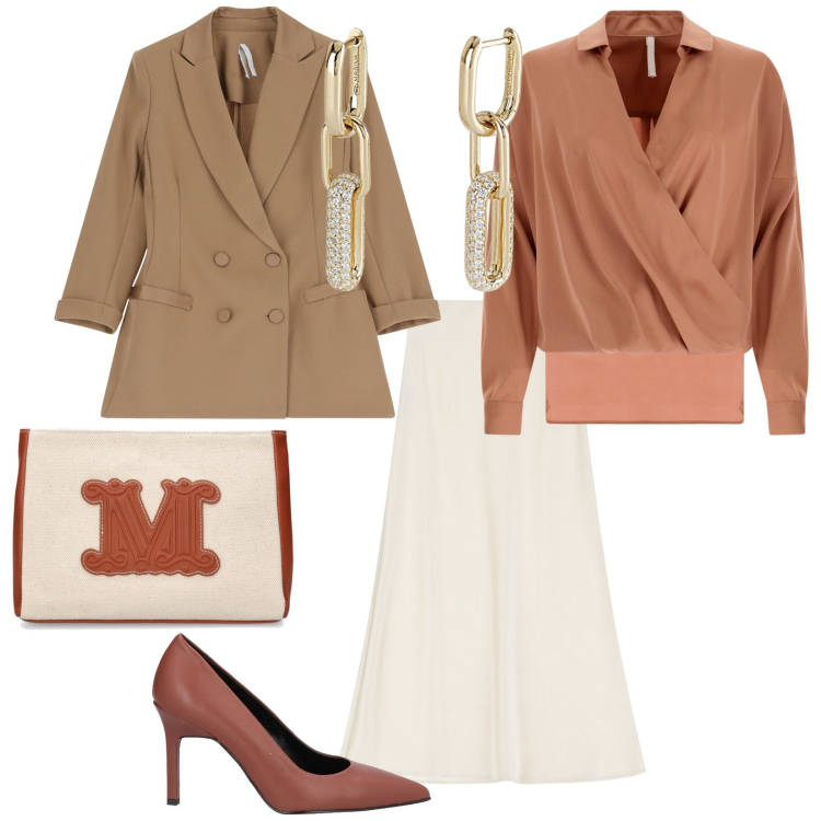 Outfit donna - Comunione in vista. per Cerimonia. Abbinamento con décolleté, orecchini, gonne lunghe, bluse, blazer, pochette.