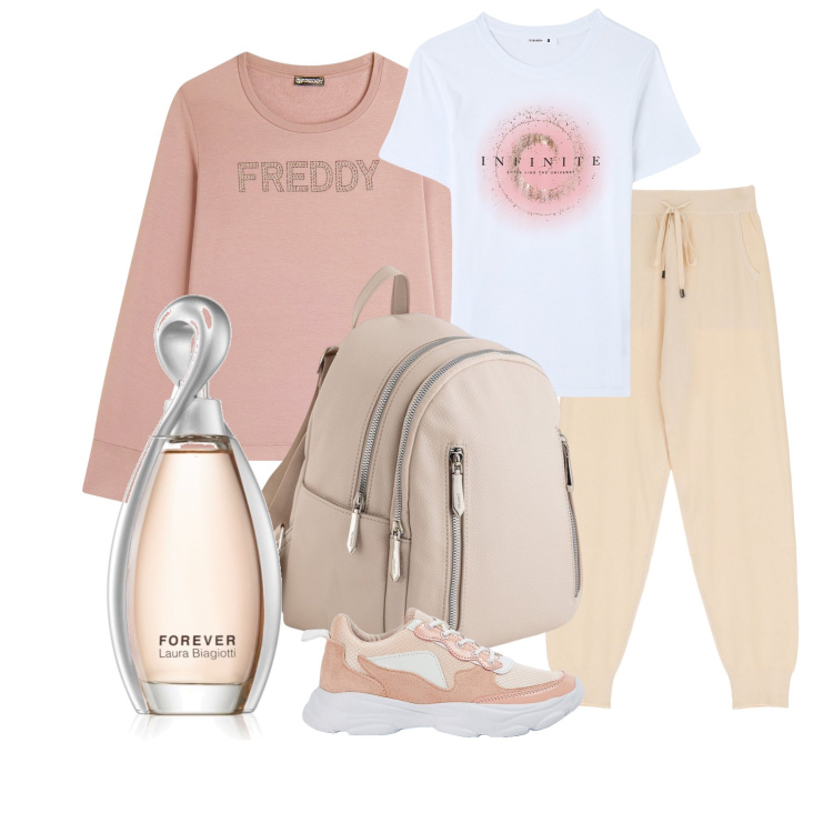 Outfit donna - Forever. Stile Casual per Tutti i giorni. Abbinamento con profumi, sneakers, t-shirt, felpe, pantaloni sportivi, zaini.