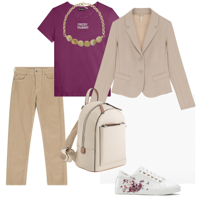 Outfit donna - In posta. per Tutti i giorni. Abbinamento con sneakers, pantaloni, blazer, t-shirt, collane, zaini.