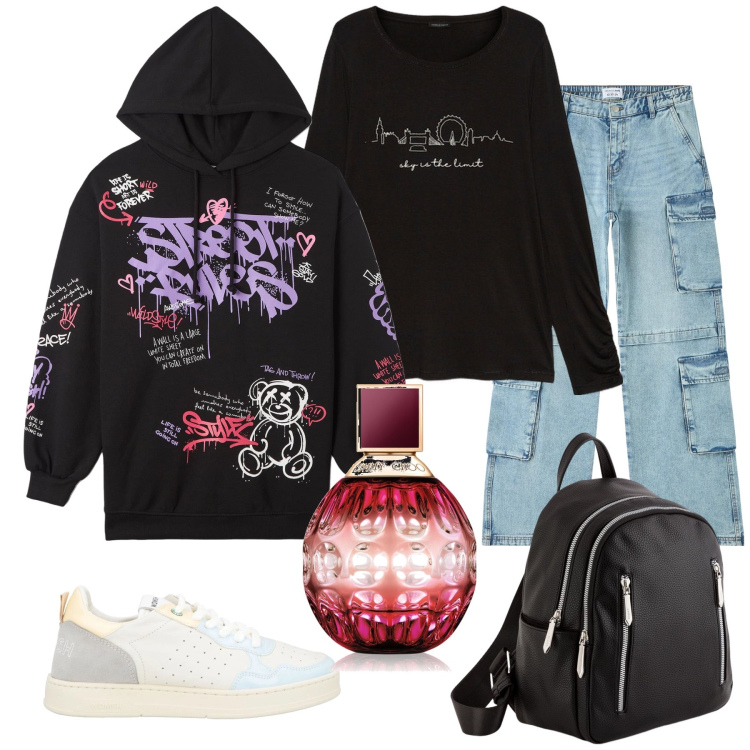 Outfit donna - Jimmy choo parfums. Stile Casual per Tutti i giorni. Abbinamento con sneakers, profumi, felpe con cappuccio, jeans, t-shirt, zaini.