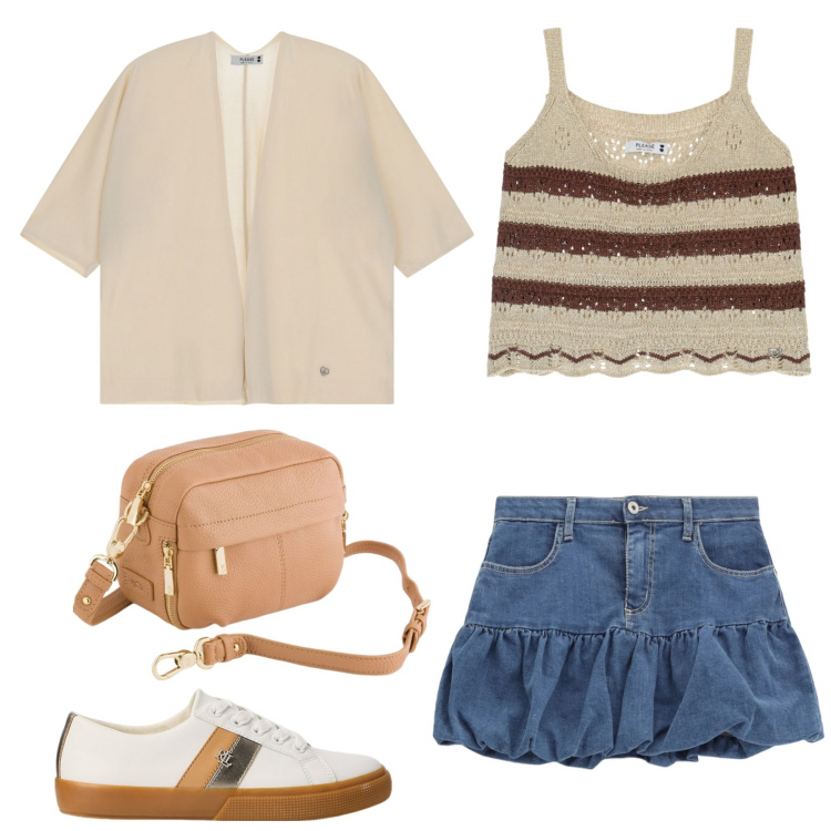 Outfit donna - In riviera. Stile Casual per Tutti i giorni. Abbinamento con minigonne, cardigans, top, sneakers, borse a tracolla.