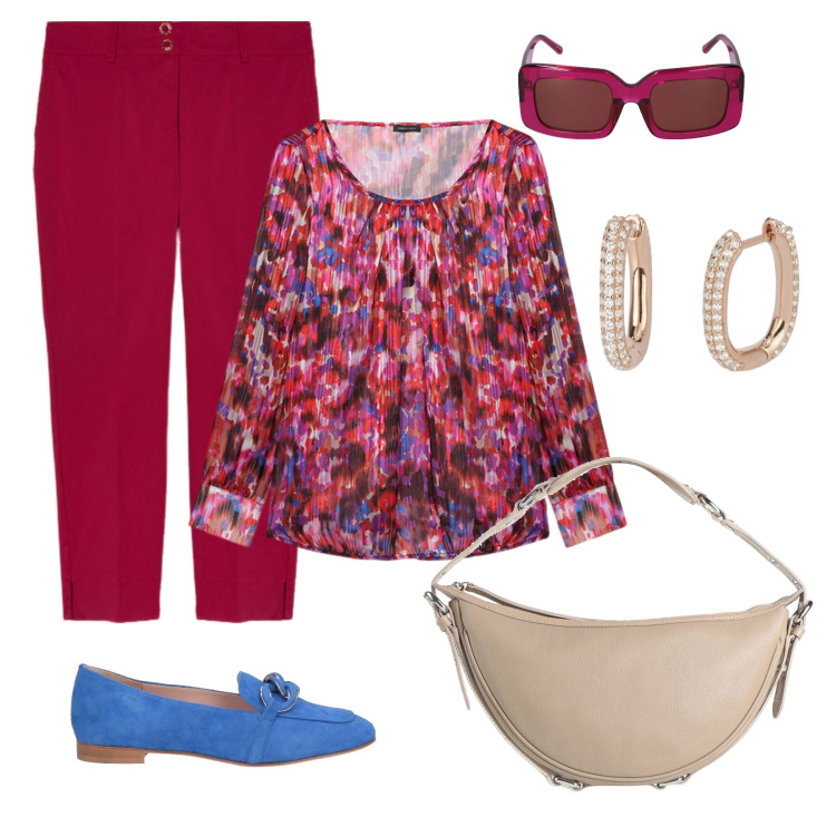Outfit donna - Curvy comoda. Stile Casual per Tutti i giorni. Abbinamento con mocassini, borse a mano, orecchini, bluse, occhiali da sole, pantaloni chino.