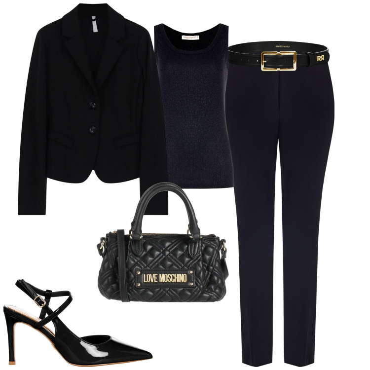 Outfit donna - Eterna eleganza del nero. Stile Chic per Tutti i giorni. Abbinamento con borse a mano, blazer, pantaloni, canottiere, décolleté, cinture.