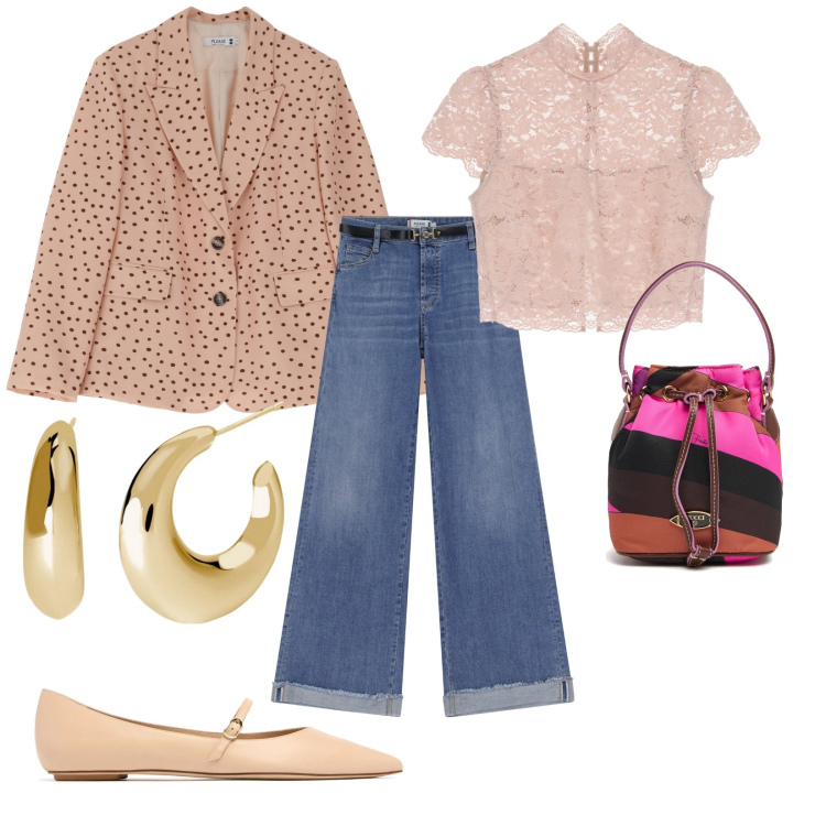 Outfit donna - Cantando e ballando. per Tutti i giorni. Abbinamento con orecchini, blazer, jeans, top, borse a secchiello, ballerine.
