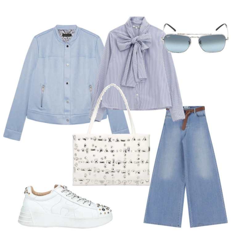 Outfit donna - Pomeriggio primaverile. Stile Casual per Tutti i giorni. Abbinamento con sneakers, jeans, camicie, blazer, borse a spalla, occhiali da sole.