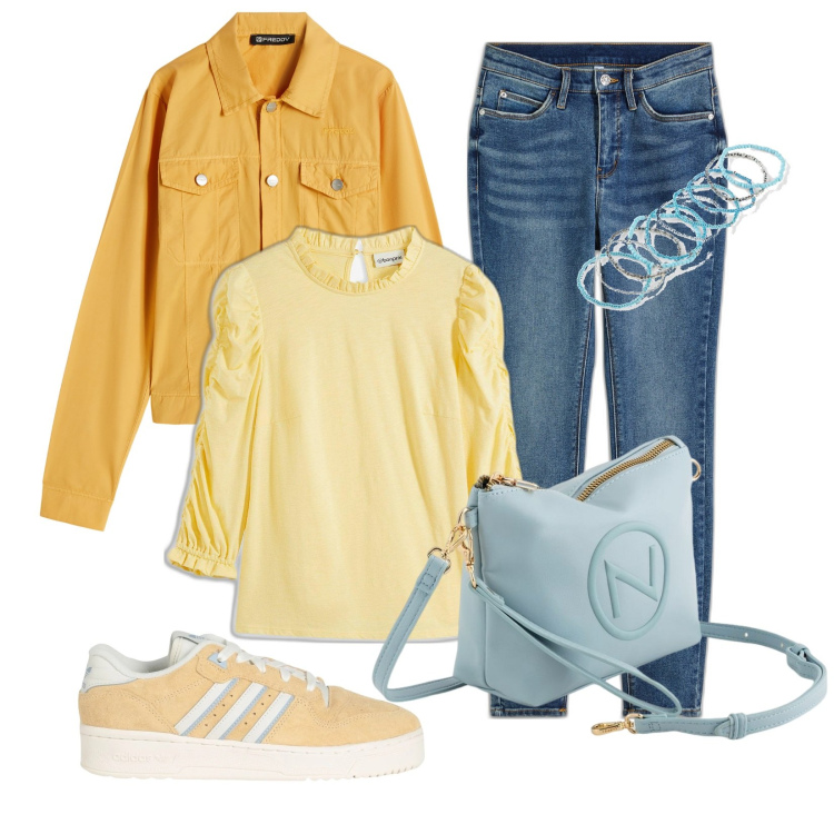 Outfit donna - È la Primavera!. Stile Casual per Tutti i giorni. Abbinamento con jeans skinny, maglieria, braccialetti, sneakers, blazer, valigie.
