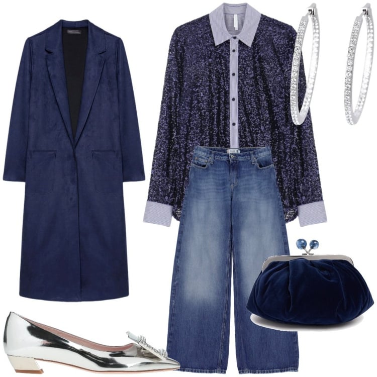 Outfit donna - Serata casual chic. Stile Casual chic per Serata fuori. Abbinamento con mocassini, orecchini, jeans, camicie, trench, pochette.