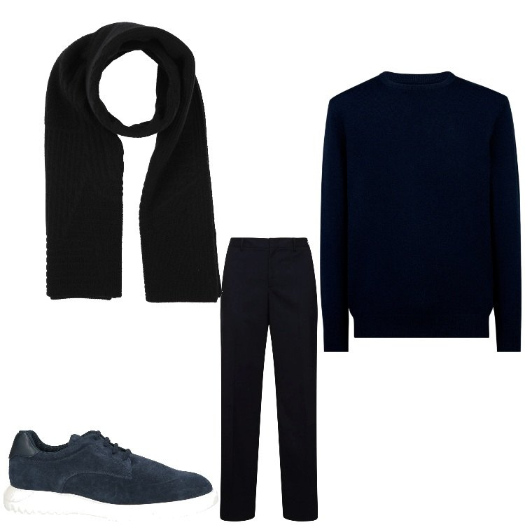 Outfit uomo - Black. Stile Casual per Tutti i giorni. Abbinamento con sciarpe, sneakers, maglieria, pantaloni.