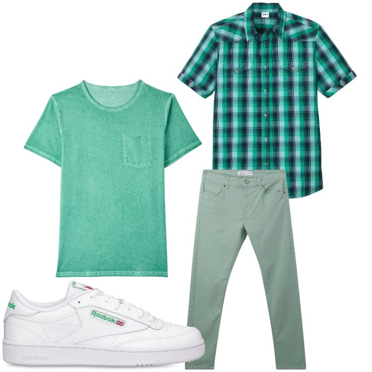 Outfit uomo - In maniche corte. Stile Casual per Tutti i giorni. Abbinamento con camicie a manica corta, t-shirt, pantaloni skinny, sneakers.