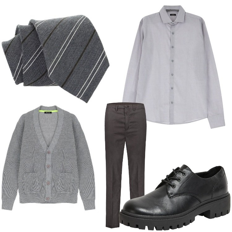 Outfit uomo - Elegante in grigio. Stile Business/Elegante per Serata speciale. Abbinamento con scarpe stringate, cardigans, cravatte, camicie, pantaloni.