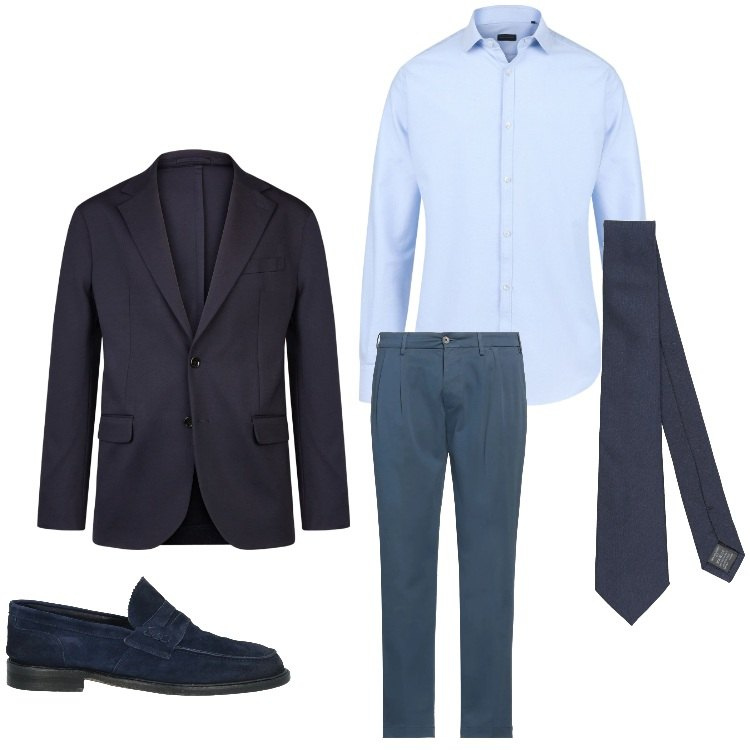 Outfit uomo - Elegante in blu. Stile Business/Elegante per Serata speciale. Abbinamento con scarpe stringate, pantaloni chino, cravatte, giacche, camicie.
