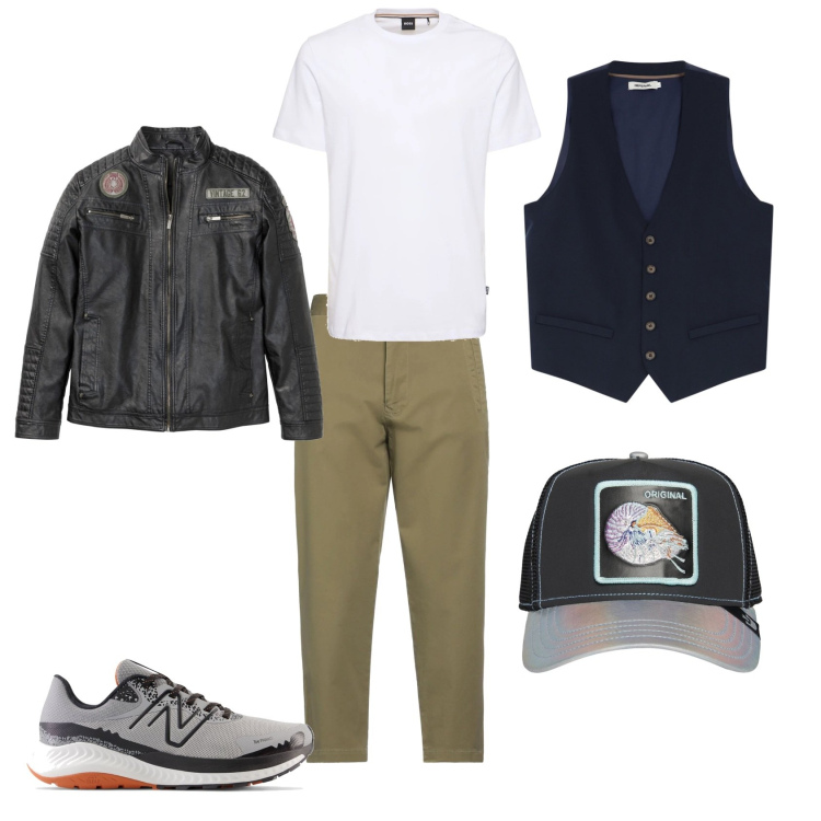 Outfit uomo - Sicuro di mé stesso.. Stile Casual per Tutti i giorni. Abbinamento con giacche, pantaloni chino, scarpe sportive, gilet, cappelli con visiera, t-shirt.