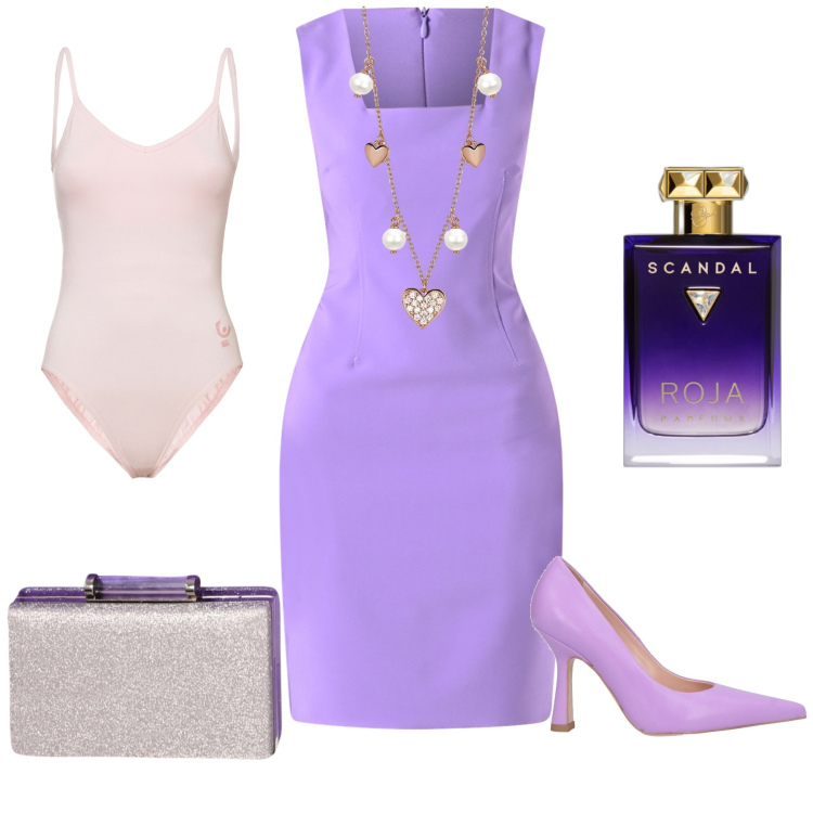 Outfit donna - Super chic. Stile Glamour per Serata fuori. Abbinamento con décolleté, profumi, collane, vestiti a tubino, pochette, body.