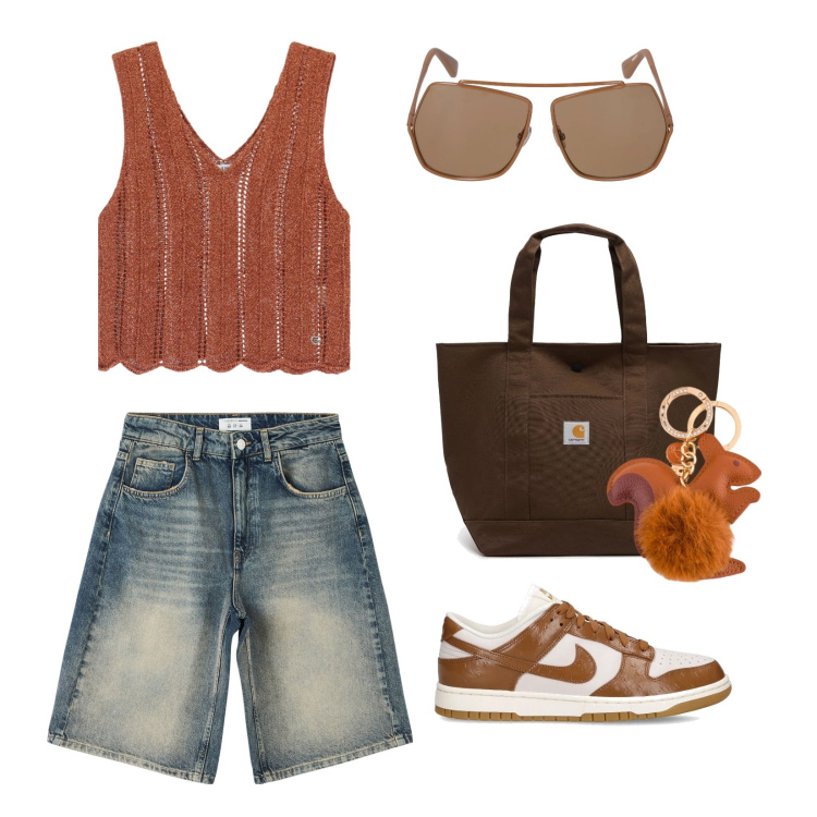 Outfit donna - Basic...con gusto. Stile Basic per Tutti i giorni. Abbinamento con bermuda, top, sneakers, occhiali da sole, portachiavi, borse tote.