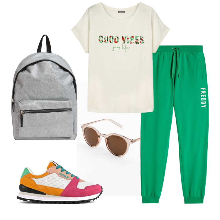 Outfit donna - Good vibes. Stile Casual per Tutti i giorni. Abbinamento con occhiali da sole, zaini, pantaloni sportivi, scarpe sportive, t-shirt.