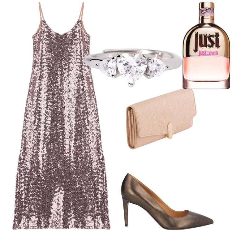 Outfit donna - Fidanzamento. Stile Glamour per Serata fuori. Abbinamento con décolleté, profumi, anelli, vestiti, portafogli.