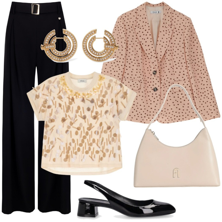 Outfit donna - Fuori a cena. Stile Bon Ton per Serata fuori. Abbinamento con borse a mano, pantaloni, blazer, t-shirt, décolleté, orecchini.