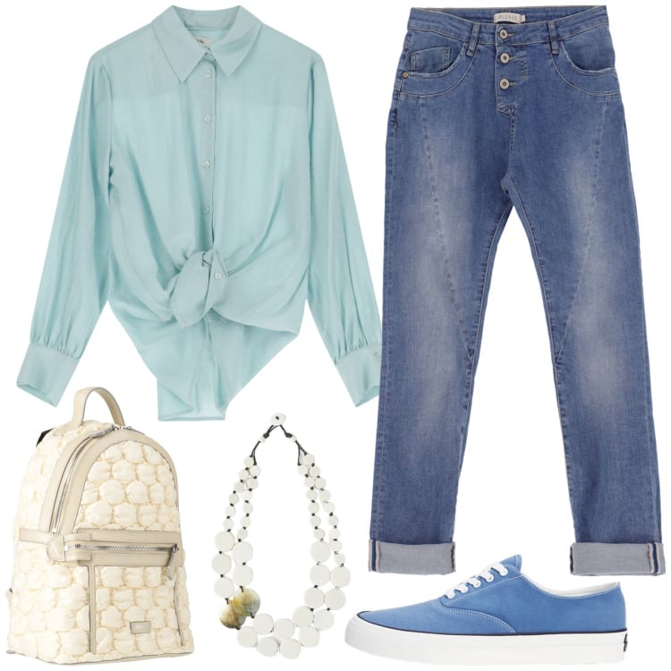 Outfit donna - In camicia all\'università. Stile Casual per Scuola/Università. Abbinamento con zaini, jeans slim fit, camicie, sneakers, ciondoli.