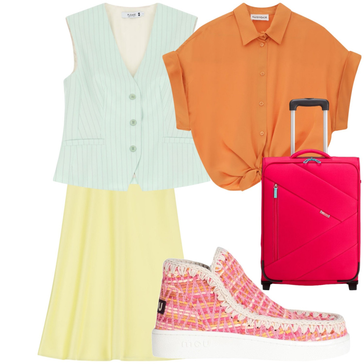 Outfit donna - Un viaggio a colori. Stile Trendy per Tutti i giorni. Abbinamento con stivaletti, gilet, gonne lunghe, camicie a manica corta, valigie.