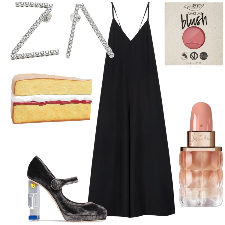 Outfit donna - Abito basico accessori no. Stile Trendy per Serata fuori. Abbinamento con décolleté, orecchini, profumi, blush, tute, pochette.