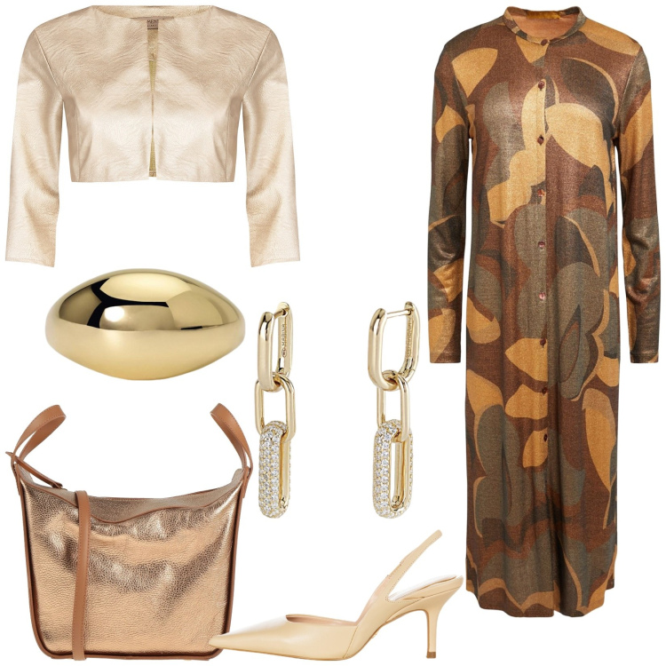 Outfit donna - Elegante in primavera. Stile Chic per Serata fuori. Abbinamento con borse a mano, vestiti midi/longuette, anelli, orecchini, bolero, décolleté.