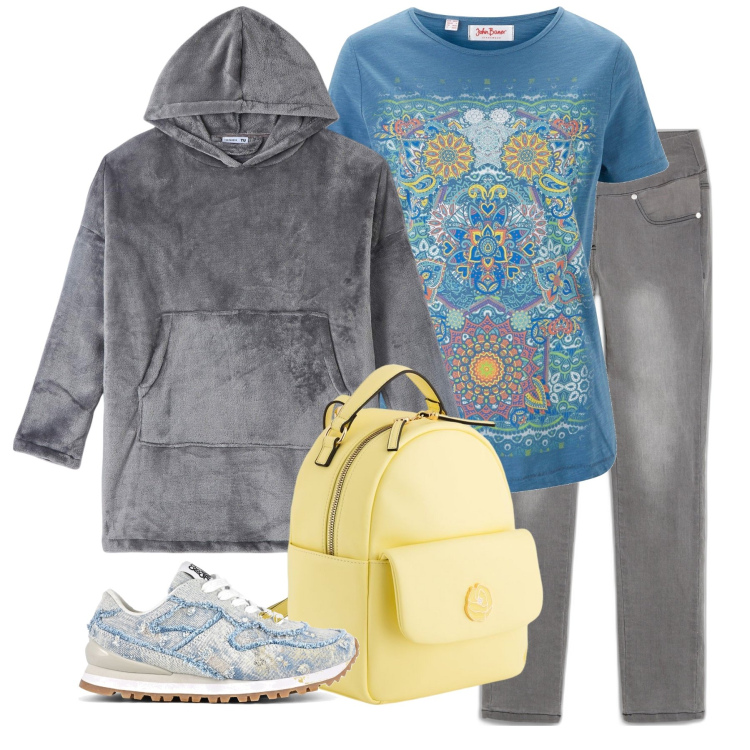 Outfit donna - Felpa ciniglia grigia. Stile Casual per Tutti i giorni. Abbinamento con jeans slim fit, t-shirt, felpe con cappuccio, zaini, scarpe sportive.