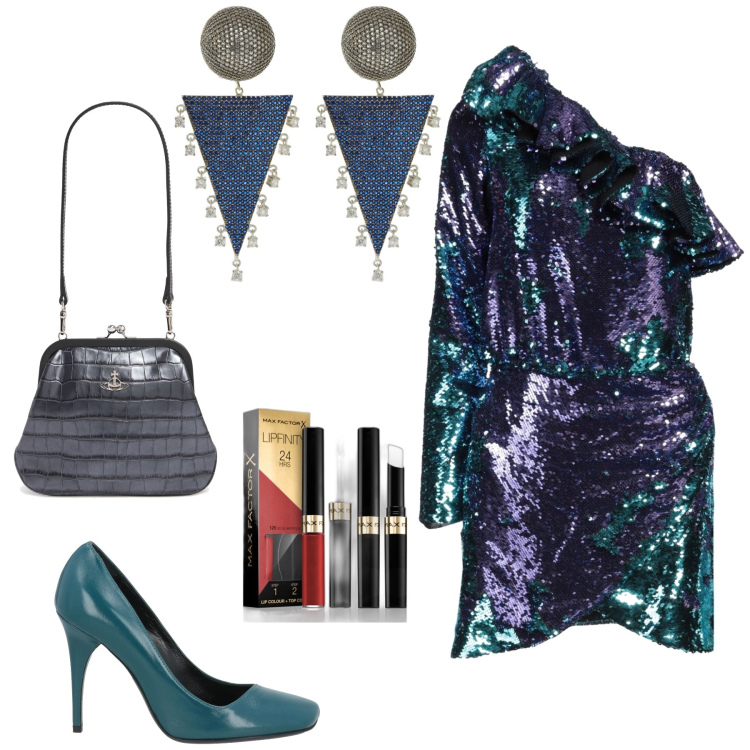Outfit donna - Discoteca. Stile Glamour per Serata fuori. Abbinamento con décolleté, vestiti corti, rossetti, orecchini, pochette.