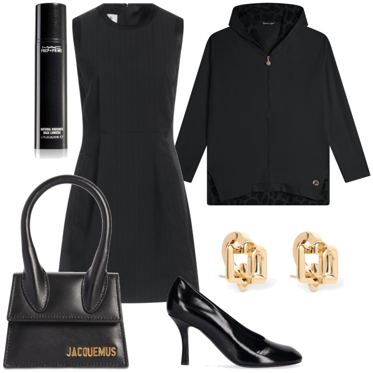 Outfit donna - Total black per la riunione importante. Stile Chic per Ufficio. Abbinamento con vestiti corti, primer, felpe con cappuccio, borse a mano, orecchini, décolleté.