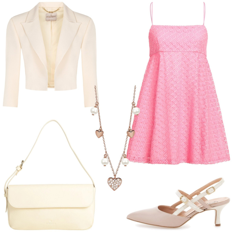 Outfit donna - Colori primaverili. Stile Bon Ton per Cerimonia. Abbinamento con vestiti corti, borse a mano, collane, bolero, décolleté.