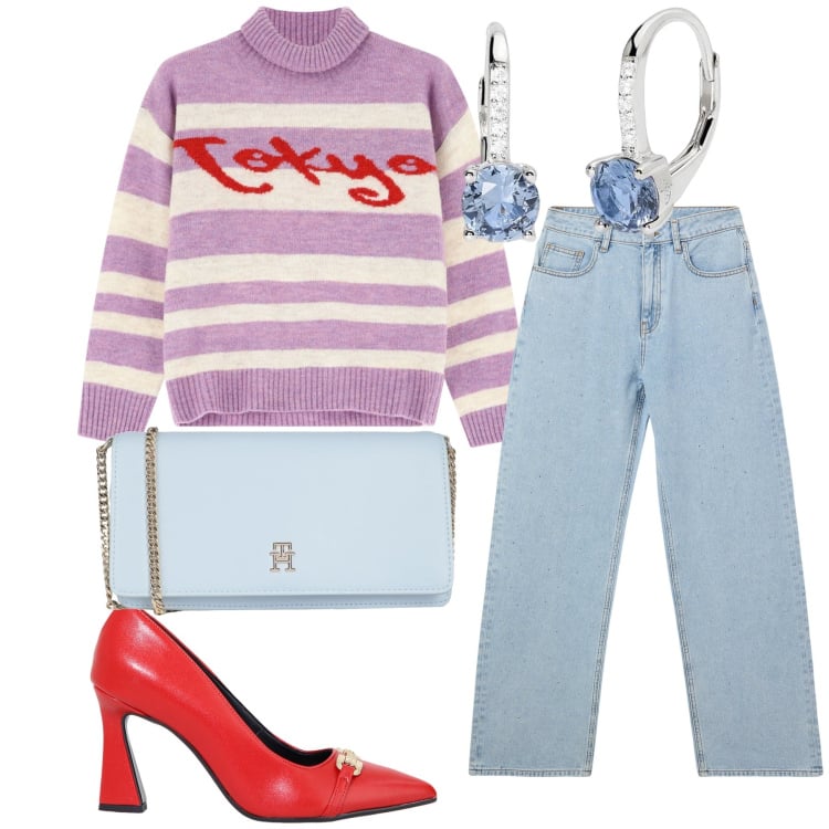 Outfit donna - Easy aperitivo. Stile Glamour per Serata fuori. Abbinamento con borse a tracolla, orecchini, jeans, maglieria, décolleté.