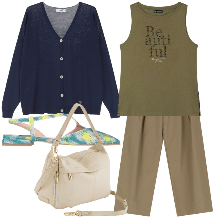 Outfit donna - Lunedì. Stile Basic per Tutti i giorni. Abbinamento con ballerine, pantaloni, cardigans, canottiere, borse a tracolla.