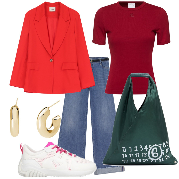 Outfit donna - Insieme di stili per l ufficio. Stile Trendy per Ufficio. Abbinamento con sneakers, orecchini, jeans, blazer, borse a mano, t-shirt.