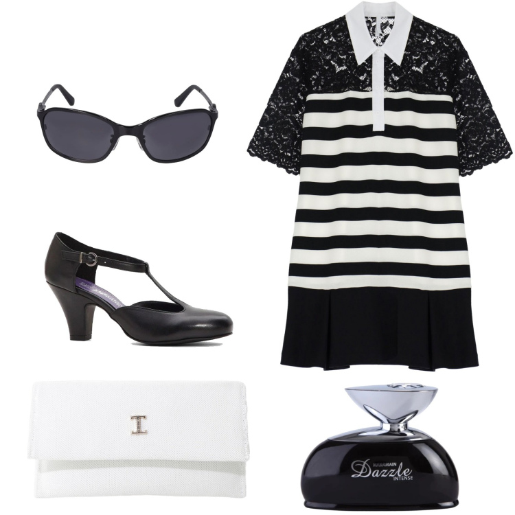 Outfit donna - Righe & Pizzo. Stile Glamour per Serata fuori. Abbinamento con décolleté, profumi, vestiti corti, borse a tracolla, occhiali da sole.