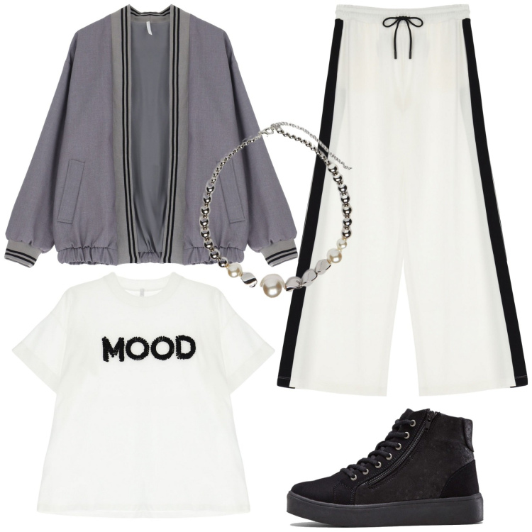 Outfit donna - Chic in tuta. Stile Casual per Tutti i giorni. Abbinamento con sneakers alte, bomber, pantaloni, t-shirt, collane.