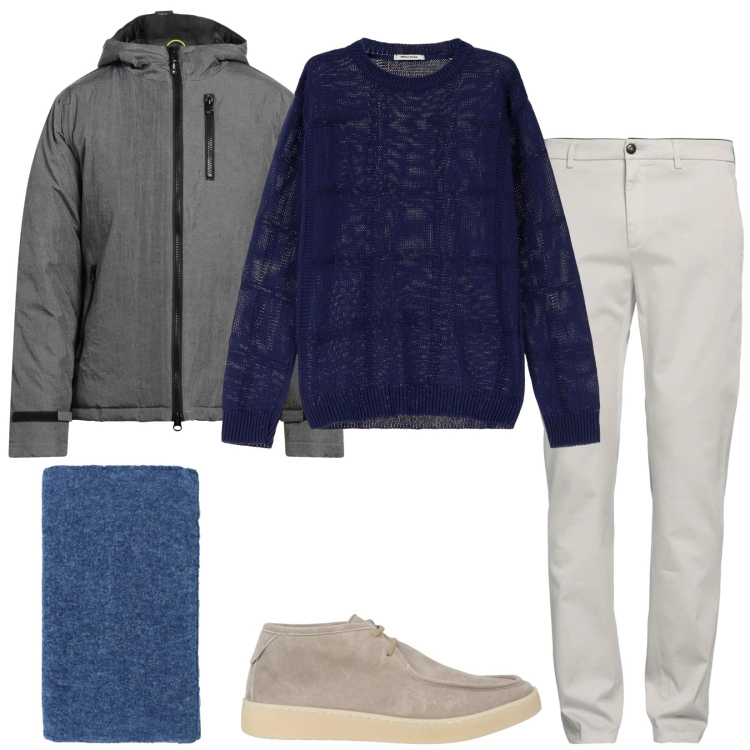Outfit uomo - Grigio e blu. Stile Casual per Tutti i giorni. Abbinamento con stivali e stivaletti, giacche, pantaloni chino, pullovers, sciarpe.