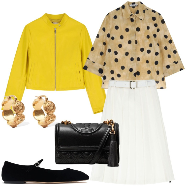Outfit donna - Giallo di giorno. Stile Chic per Tutti i giorni. Abbinamento con camicie, gonne longuette, giacche, borse a spalla, orecchini, ballerine.