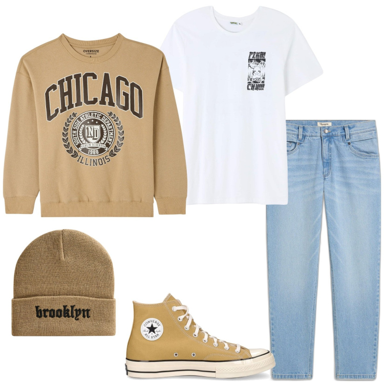 Outfit uomo - @school. Stile Casual per Tutti i giorni. Abbinamento con jeans, t-shirt, felpe, berretti, sneakers.
