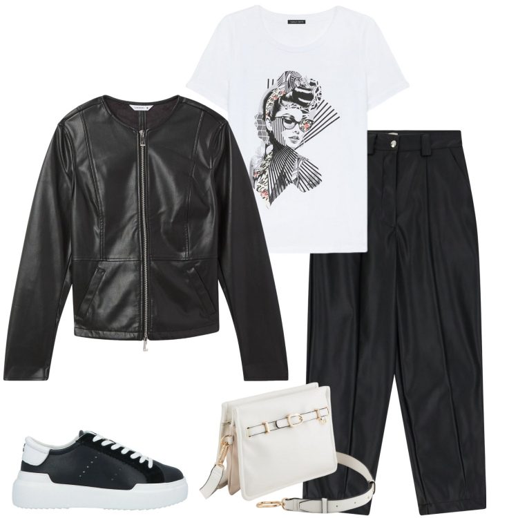 Outfit donna - Black and White. Stile Casual per Ufficio. Abbinamento con sneakers, blazer, pantaloni, t-shirt, borse a tracolla.