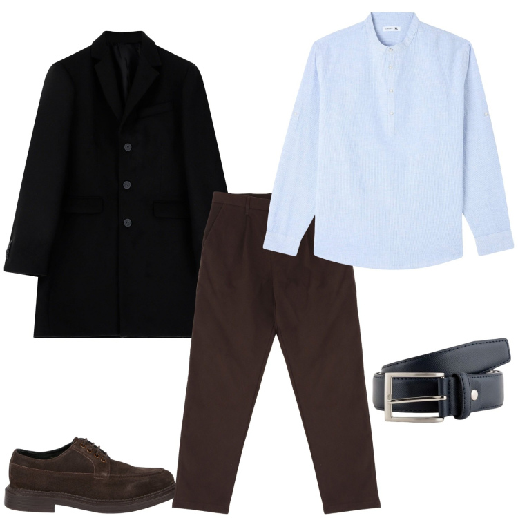 Outfit uomo - Camicia alla koreana. Stile Trendy per Ufficio. Abbinamento con camicie, pantaloni chino, cappotti, scarpe stringate, cinture.