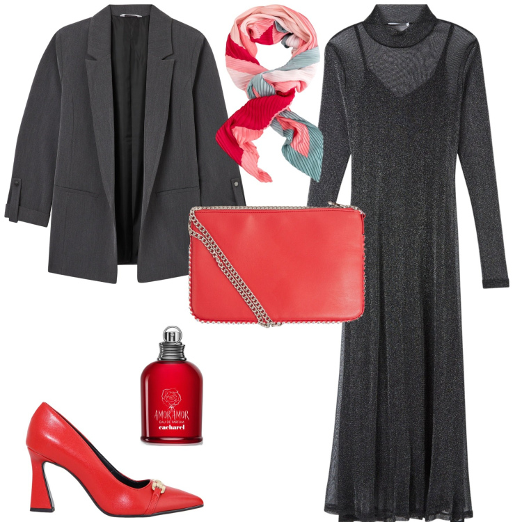 Outfit donna - Total look #2091312. Stile Minimal per Ufficio. Abbinamento con profumi, borse a tracolla, vestiti lunghi, blazer, décolleté, foulard.