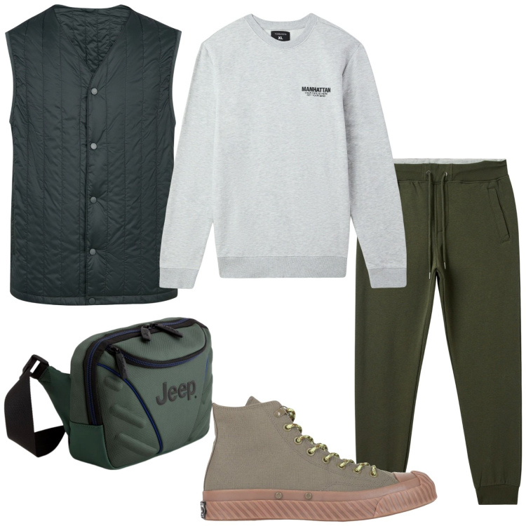 Outfit uomo - Total look #2091313. Stile Casual per Sport. Abbinamento con sneakers alte, felpe, pantaloni, piumini, borse sportive.