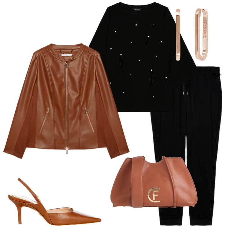 Outfit donna - In città. Stile Urban per Tutti i giorni. Abbinamento con borse a tracolla, orecchini, décolleté, pantaloni, blazer, felpe.