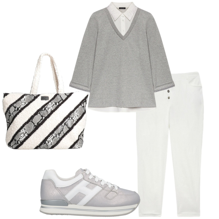 Outfit donna - Colori chiari. Stile Casual chic per Tutti i giorni. Abbinamento con sneakers, borse a mano, felpe, pantaloni.