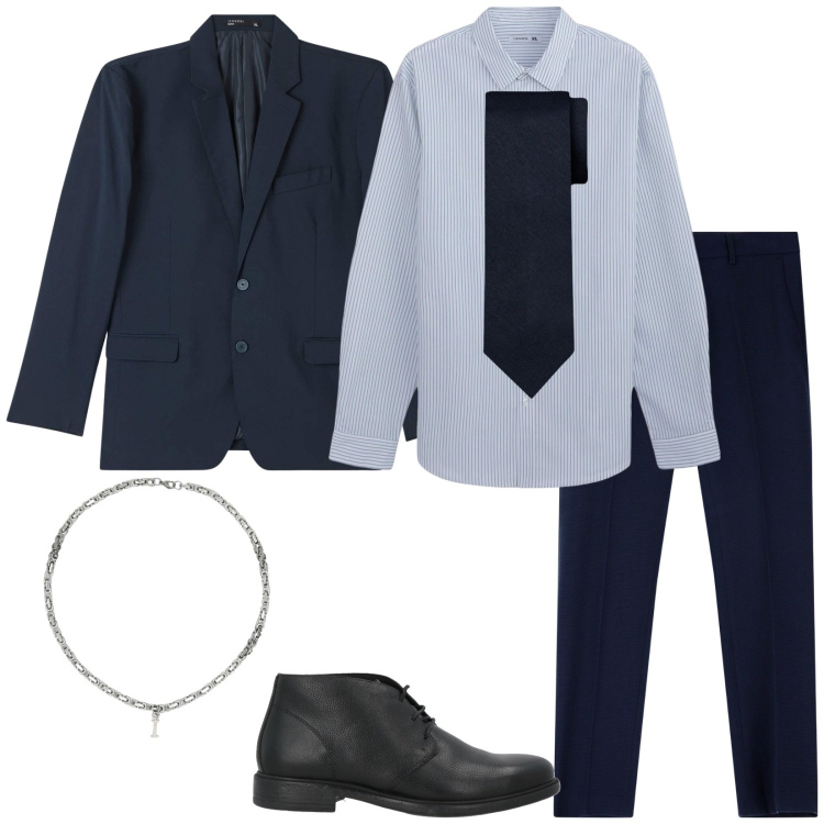 Outfit uomo - Monday. Stile Business/Elegante per Ufficio. Abbinamento con stivali e stivaletti, camicie, giacche, pantaloni, collane, cravatte.