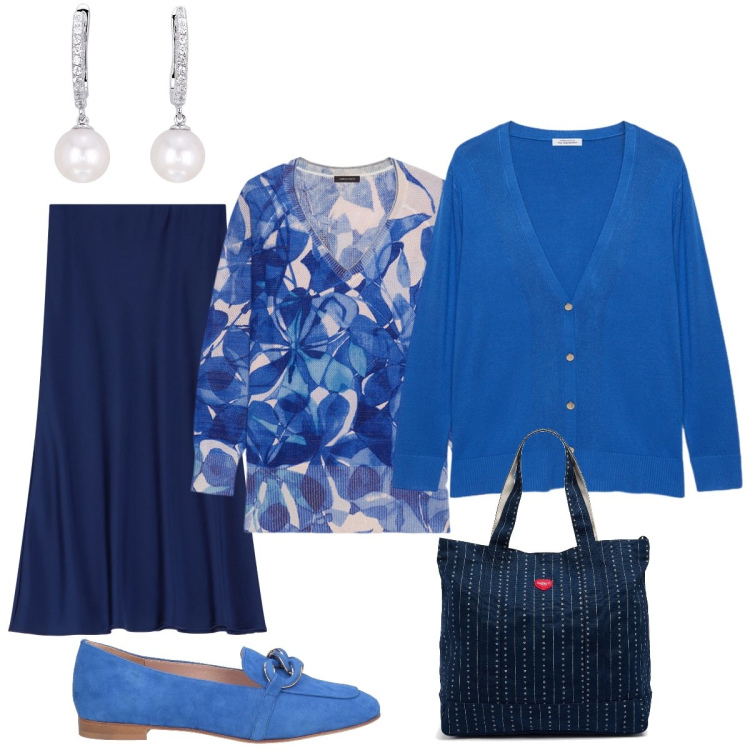 Outfit donna - Gradatamente..blu. Stile Bon Ton per Ufficio. Abbinamento con mocassini, orecchini, gonne longuette, cardigans, maglieria, borse tote.