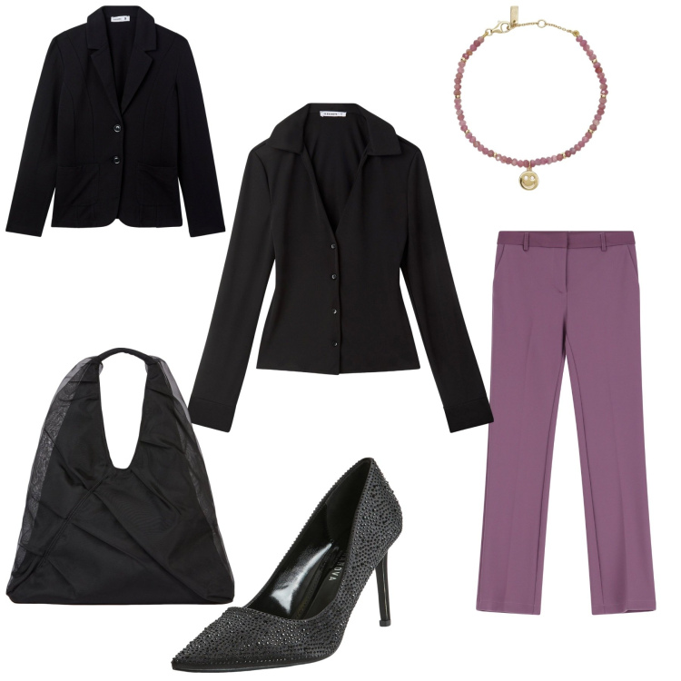 Outfit donna - Total look #2091323. Abbinamento con décolleté, camicie, blazer, braccialetti, pantaloni, shopping bag.